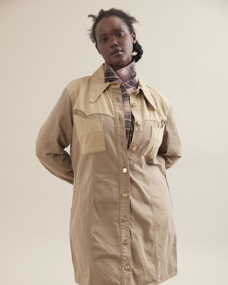 Front of a model wearing a size 44 Ola Denim Western Dress in BROWN by GANNI. | dia_product_style_image_id:287623